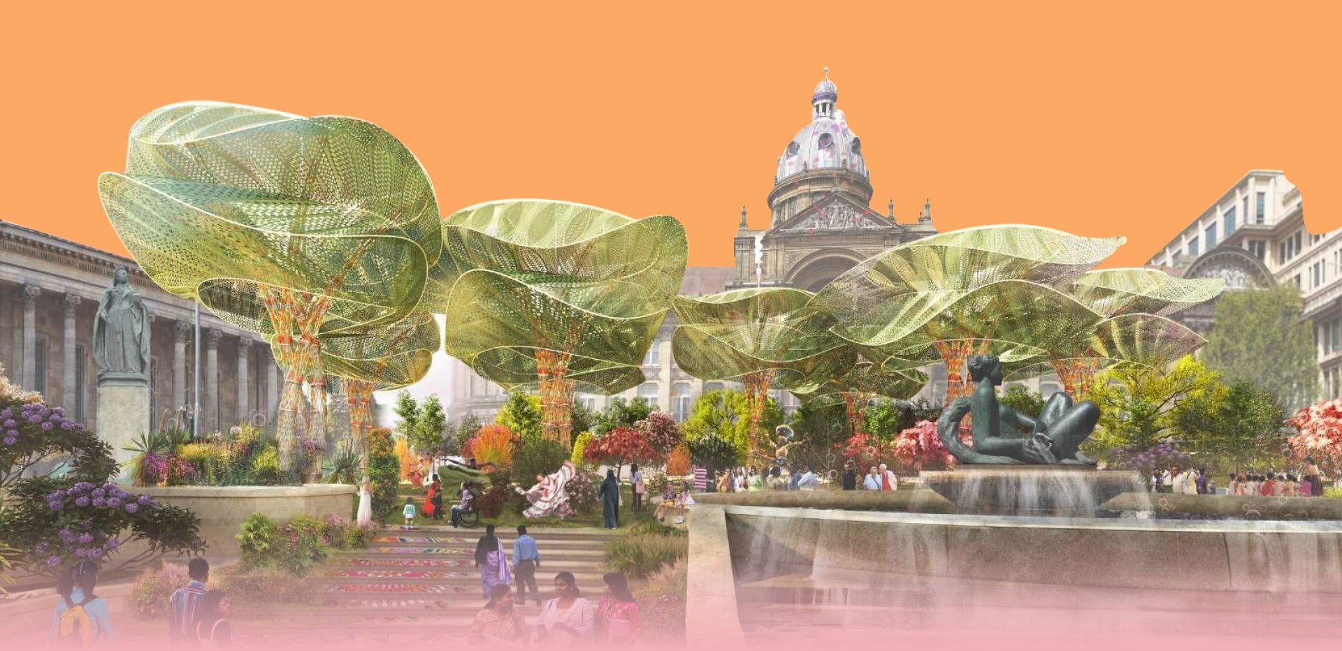 Various people exploring a synthetic forest in the centre of Birmingham