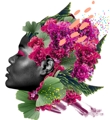 Woman's face with pink and purple flowers and green foliage growing out of her hair