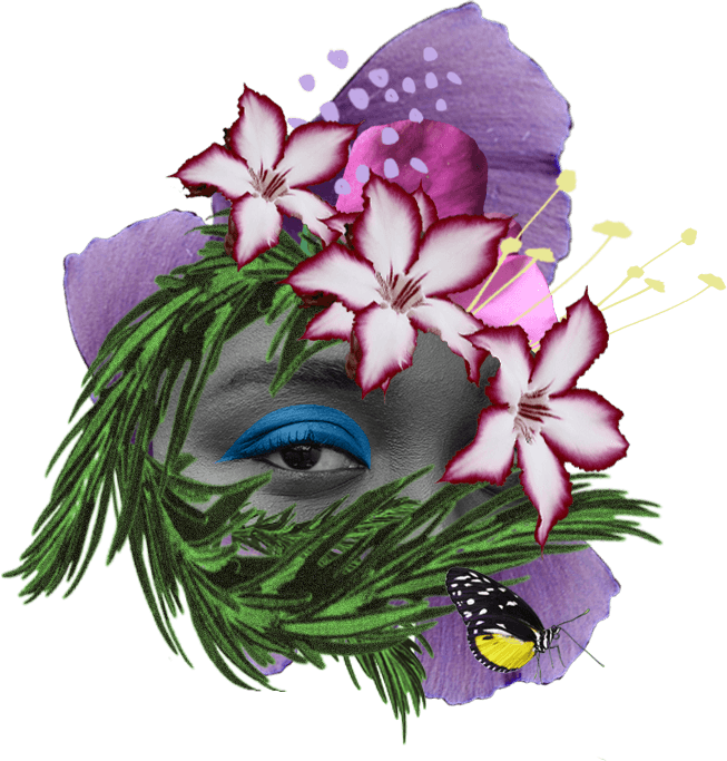 The top of a women's face surrounded by green leaves and purple flowers