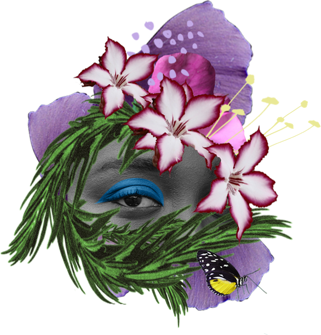 The top of a women's face surrounded by green leaves and purple flowers