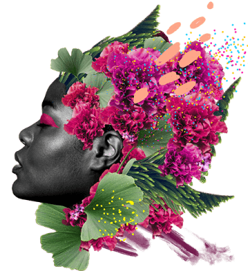 Woman's face with pink and purple flowers and green foliage growing out of her hair