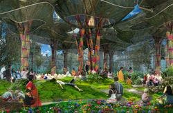 Various people relaxing under a canopy of synthetic trees in the centre of Birmingham
